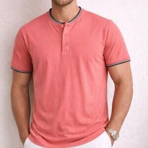 Stone Falcon Mens Henley Shirt Performance Fabric Coral Size M Muscle Cut Preppy